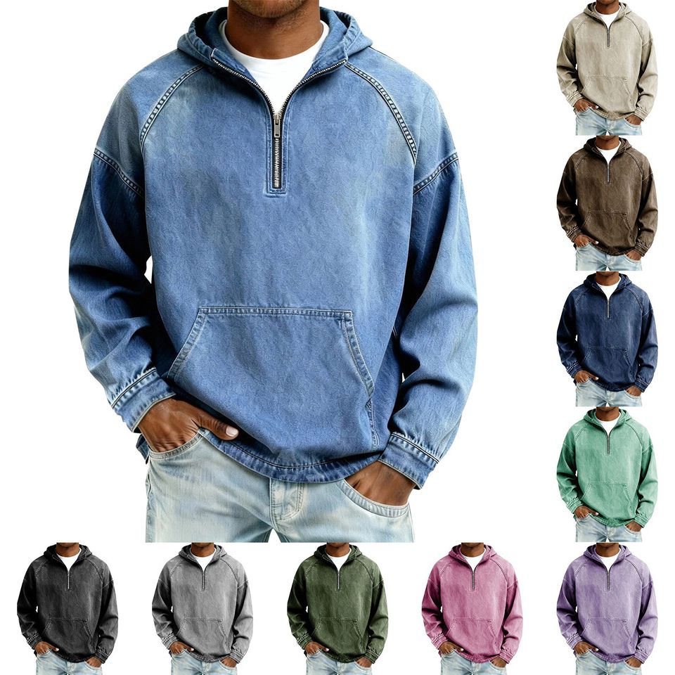 Men's Denim Half-Zip Hoodie Spring Autumn Zipper Sweatshirt
