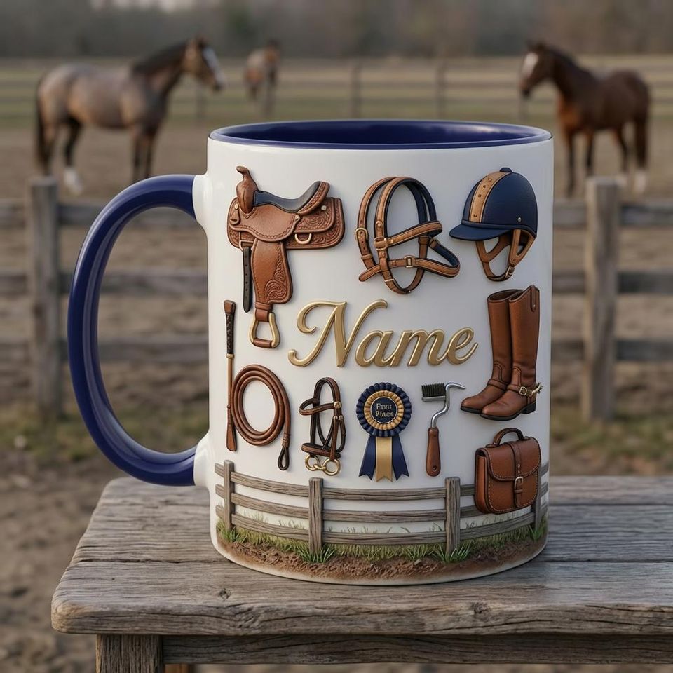 Personalized Horseback Riding Mug 3D with Custom Rider Name, Elegant Gift for Horse Lovers