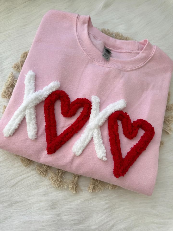 Chenille Yarn Embroidered Sweatshirt - Valentines XOXO Heart Design, Chunky Knit Womens Crewneck, Galentines Gift