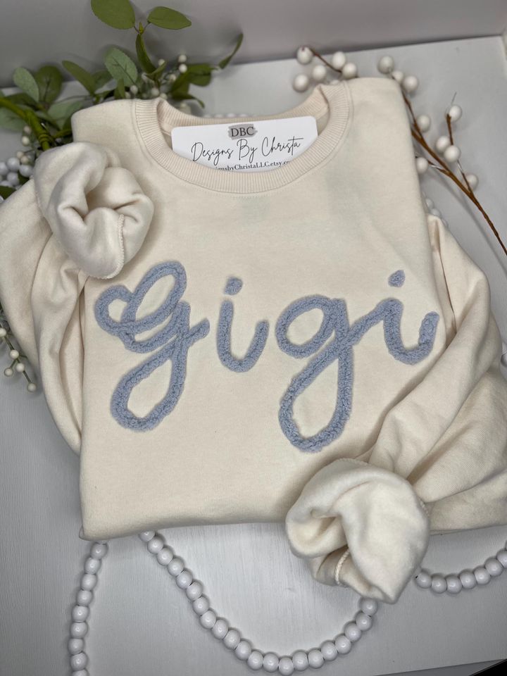 Chenille Yarn Embroidered Sweatshirt - Personalized Grandparent Top, Gigi Crew Neck, Mother's Day Gift
