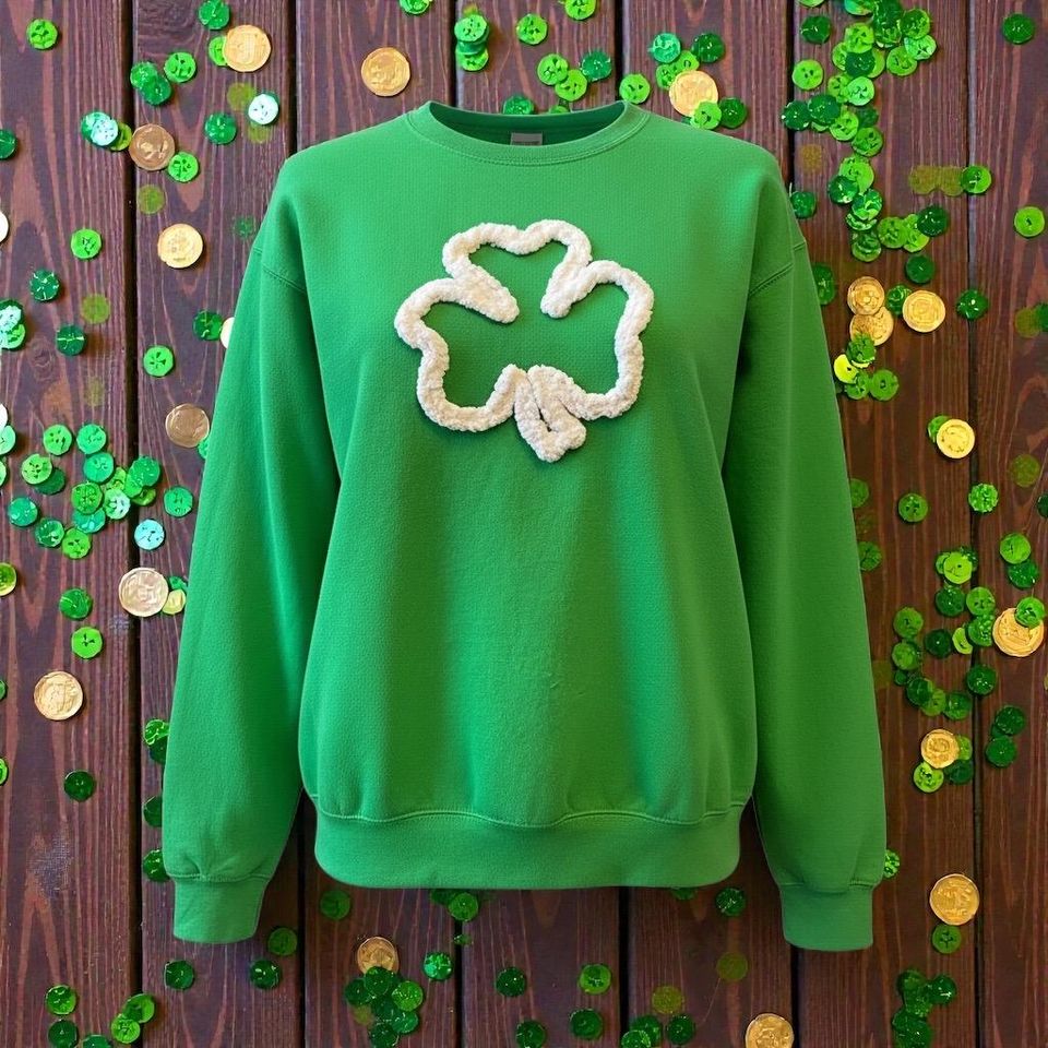Chenille Yarn Embroidered Sweatshirt - Shamrock Design