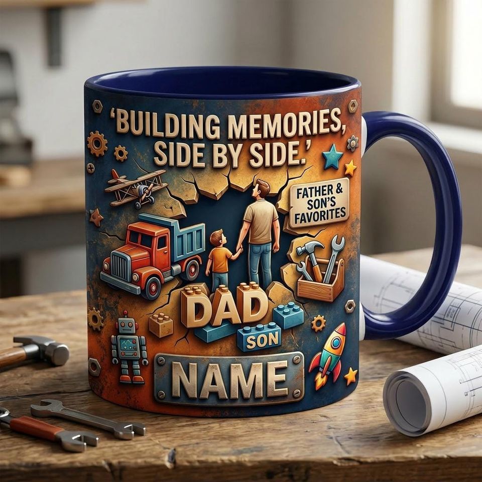 Personalized Father Son Building Memories Mug 3D, Faux 3D Effect Cup