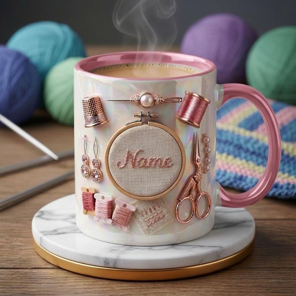 Knitting 3D Embossed Accent Mugs, Personalized Knitting Lover Coffee Cup, Custom Name Gift
