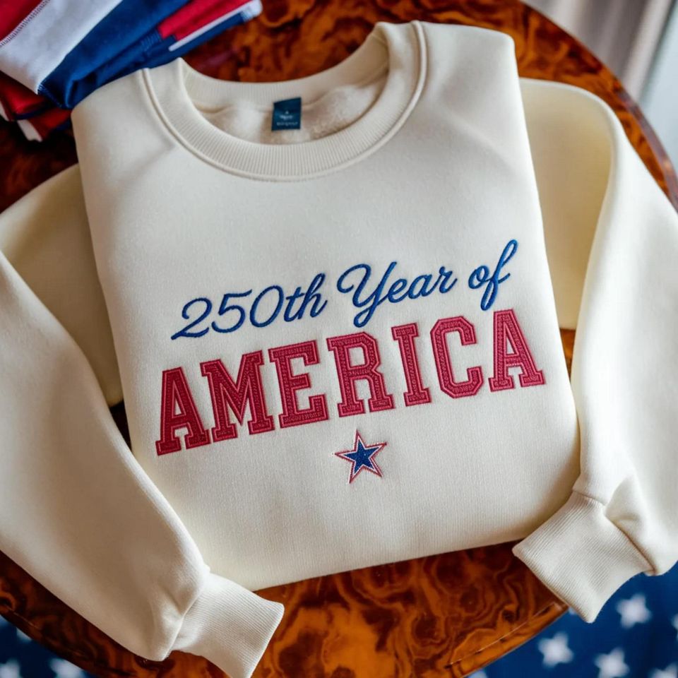 Embroidered USA 250th Anniversary Sweatshirt, Patriotic Flag Tee