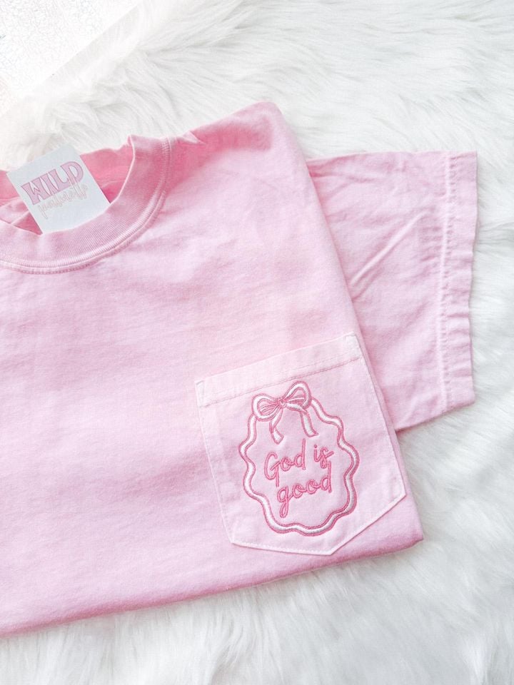 Embroidered God Is Good Pocket T‑Shirt - Christian Faith-Based Apparel, Customizable