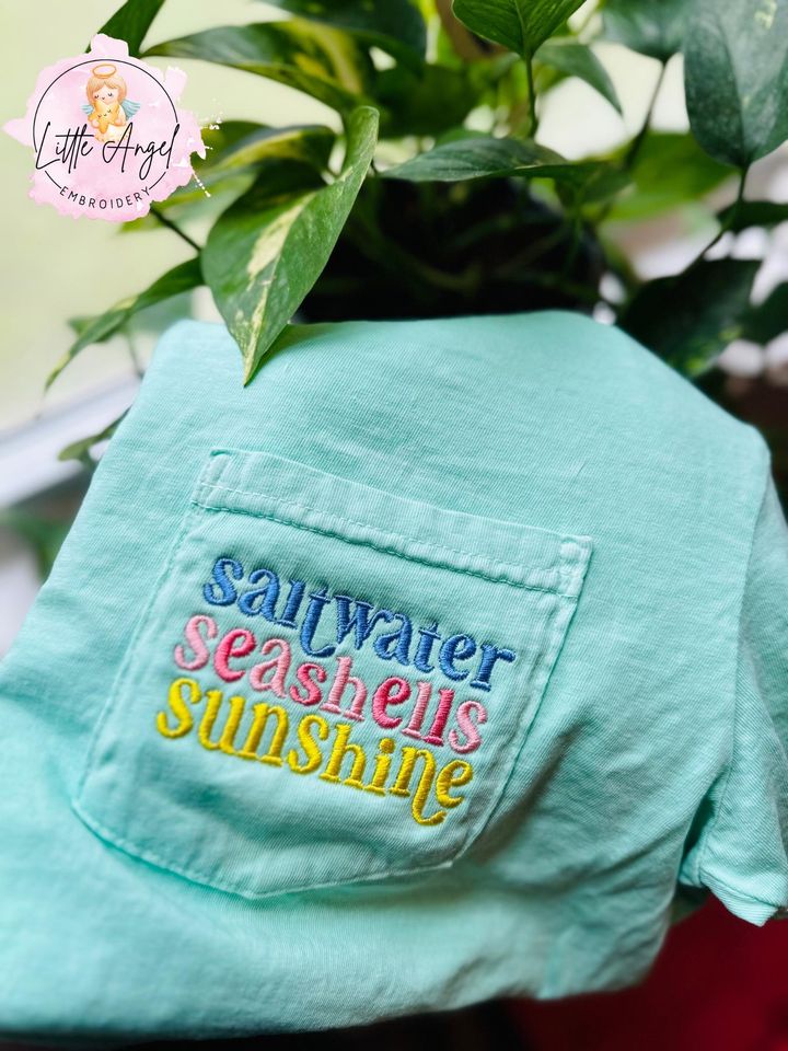 Embroidered Pocket Tee – Saltwater Seashells (Sunshine)