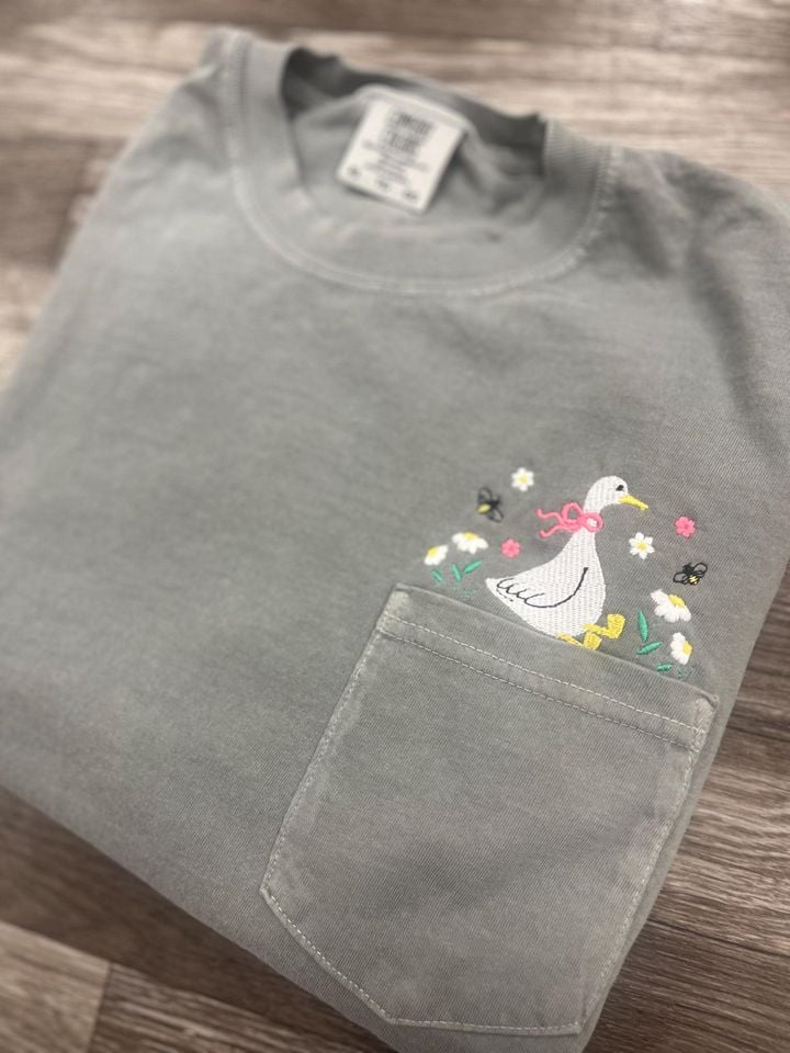 Spring Goose Embroidered Pocket T-Shirt