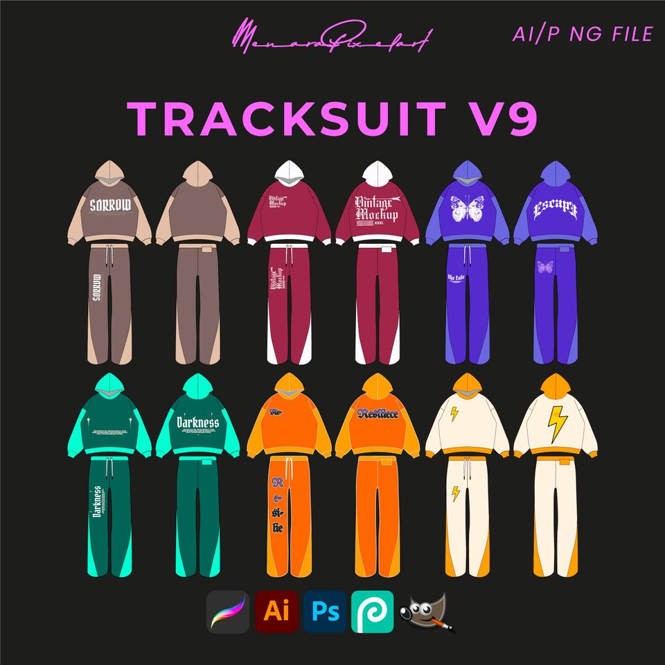 Streetwear Tracksuit Vector Mockup: Wide Hoodie, Flare Pants (AI, PNG Files)