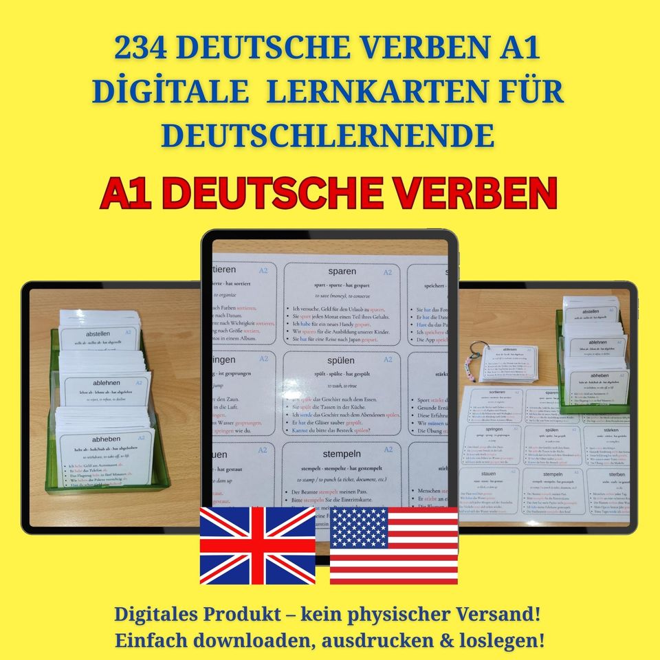 A1 German Verbs 234 Flashcards with English Explanations & Examples Printable PDF