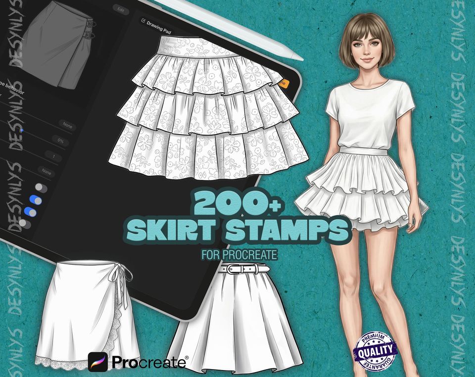 Procreate 200+ Skirt Stamps | Fashion Brush Set | Dress Design & Fashion Illustration Brushes