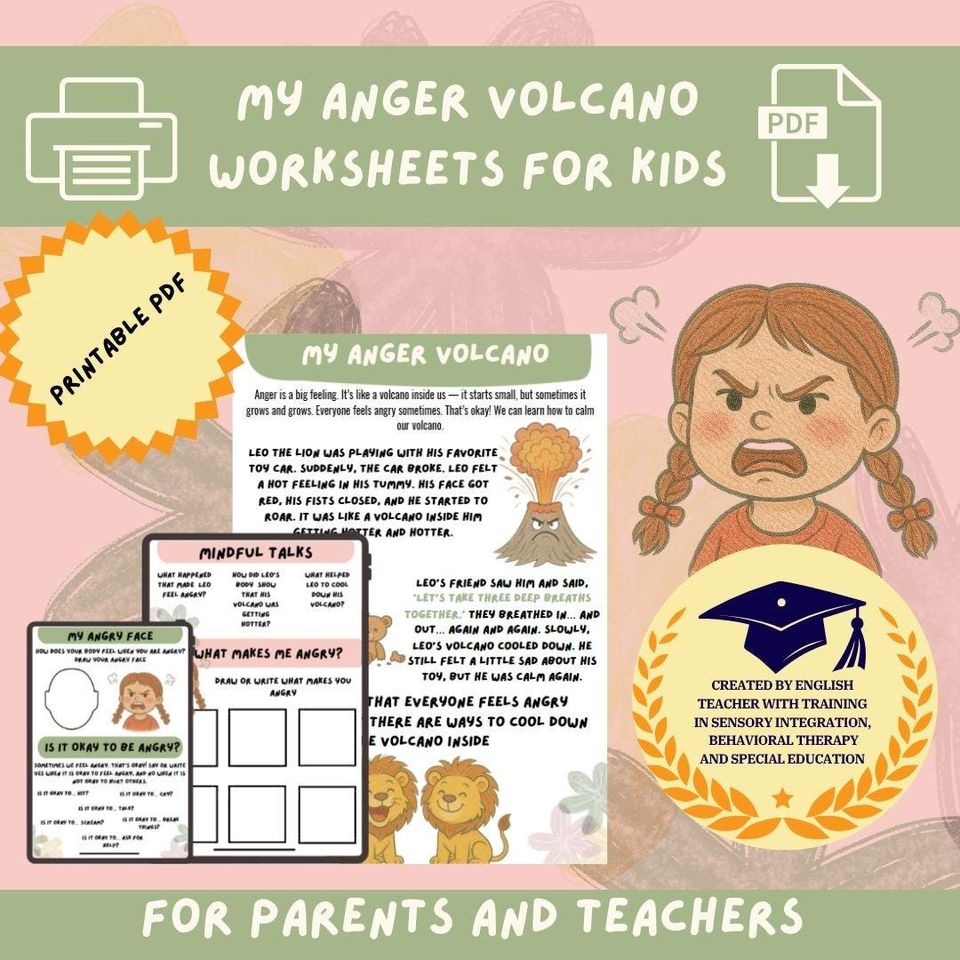 Anger Volcano Worksheets Kids Emotional Regulation (Printable PDF) Materials for parents and teachers