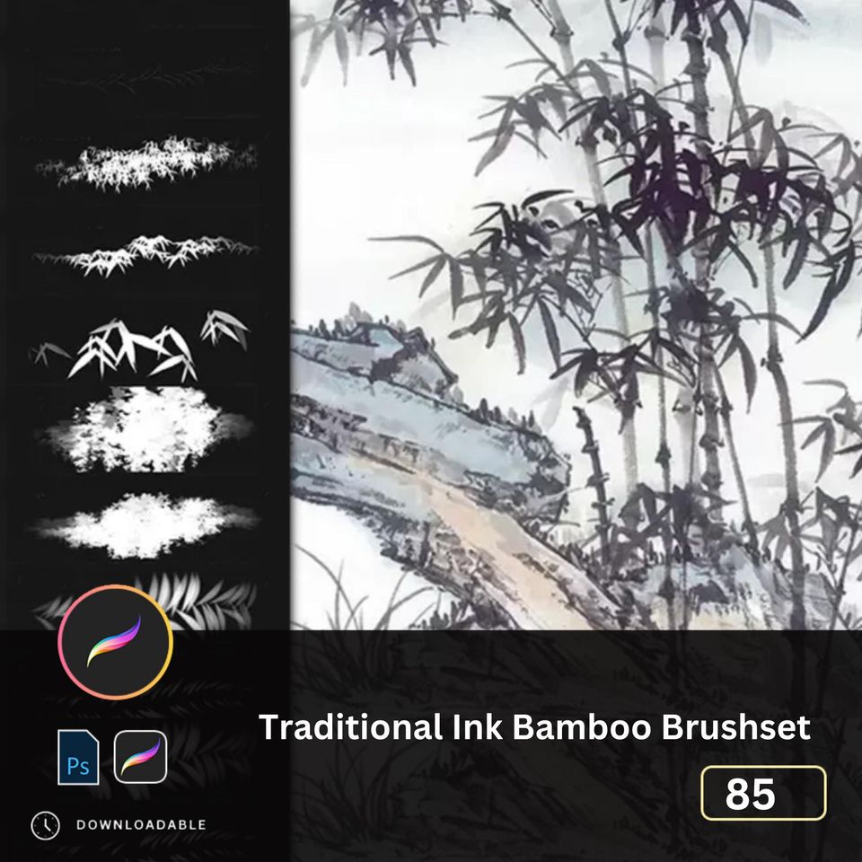 85 Traditional Ink Bamboo Procreate & Photoshop Brushes, Maple Leaves, Cranes, and Birds Geese - Chinese Style Watercolor Art