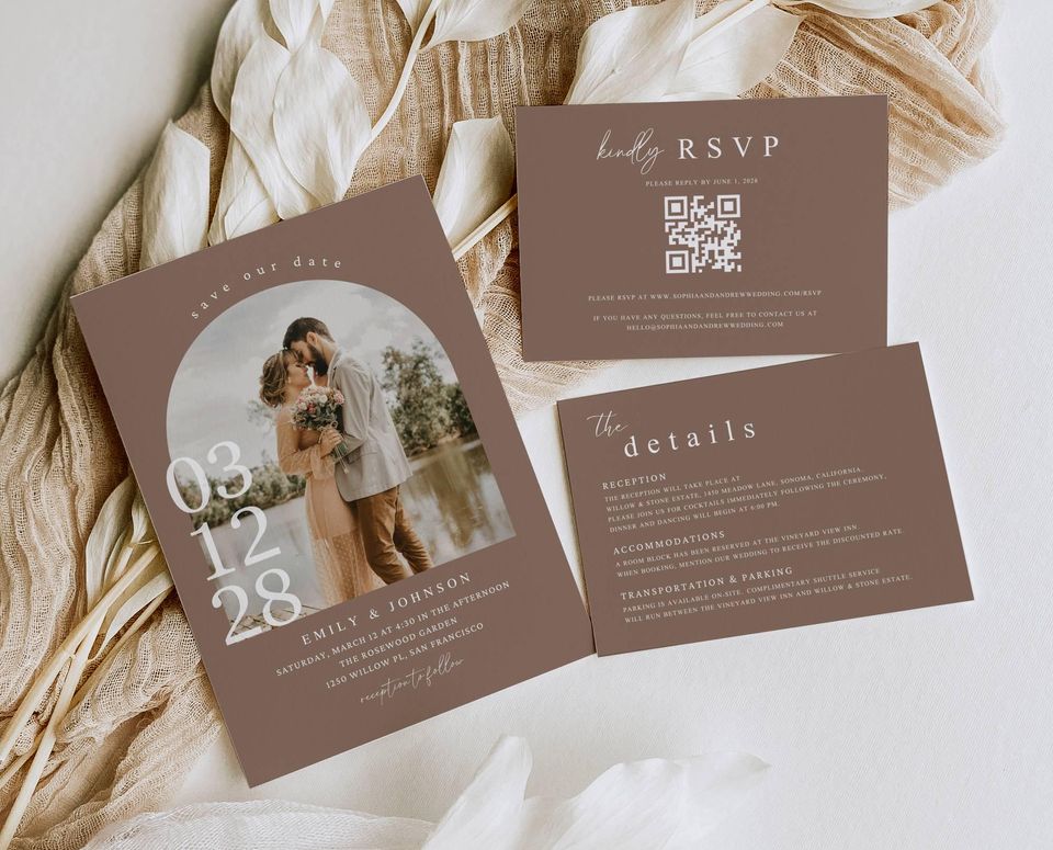 Modern Save the Date Invitation Set Editable Canva Template Minimalist Brown Wedding Suite with RSVP and Details Card Printable