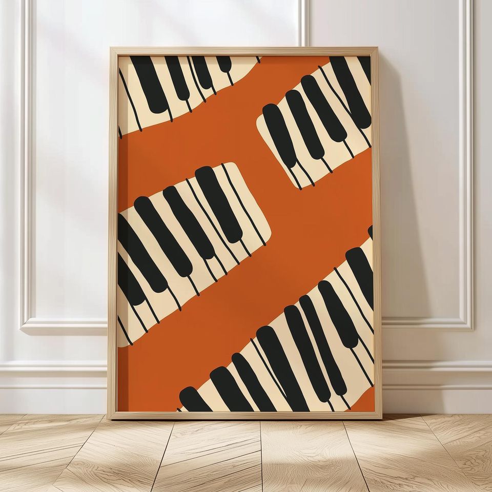 Piano Keys Wall Art Retro Music Print Music Room Wall Decor Trendy Orange Poster Music Lovers Art Gift for Pianists Piano Wall Print