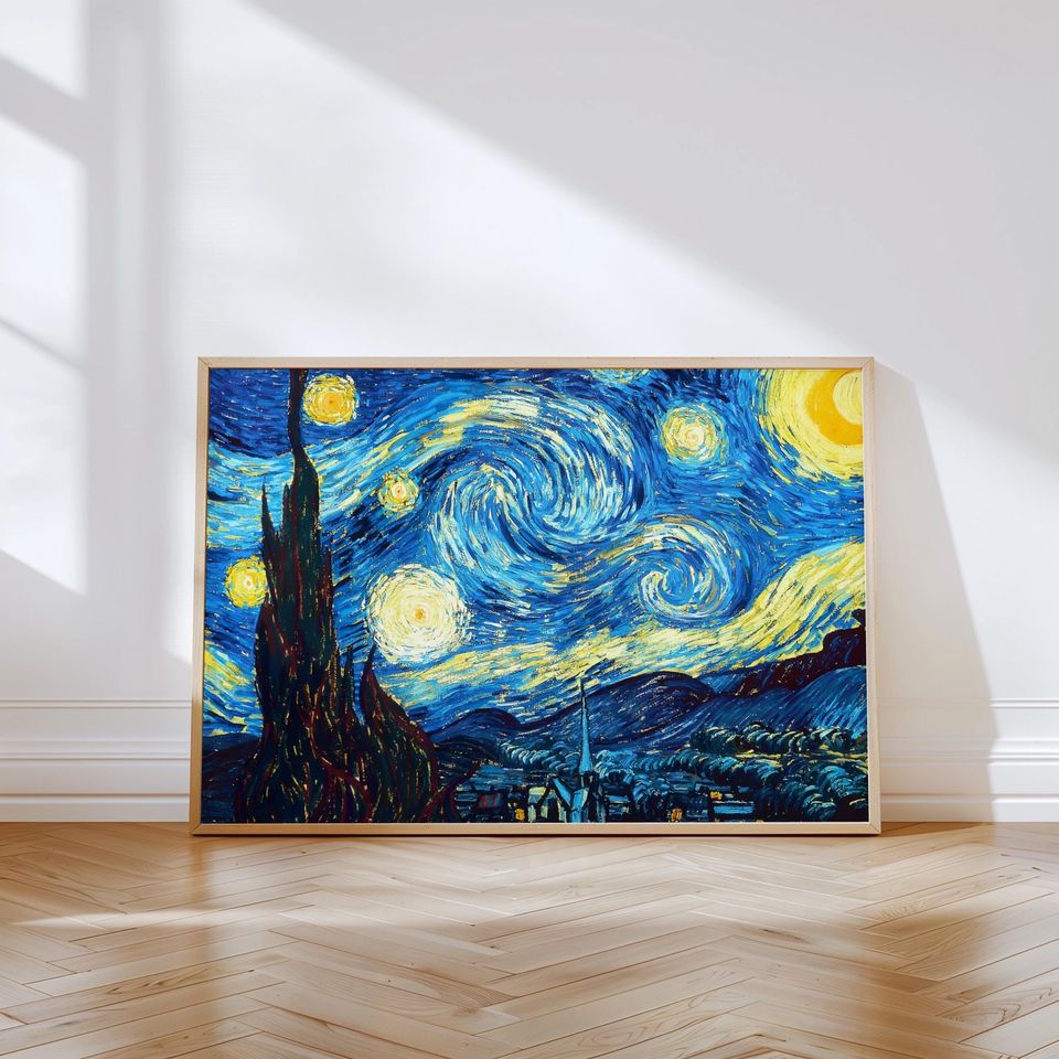 Dreamy Starry Night Art Painting Print Celestial Wall Decor Poster in Moody Blues, Night Sky Wall Decor, Landscape Print