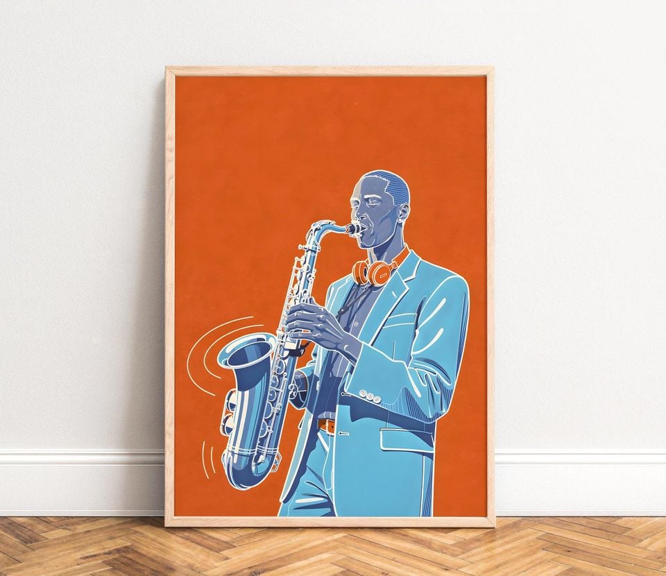 Saxophone Poster, modern jazz illustration, blue, orange palette, musician portrait wall art - stylish living room or studio decor