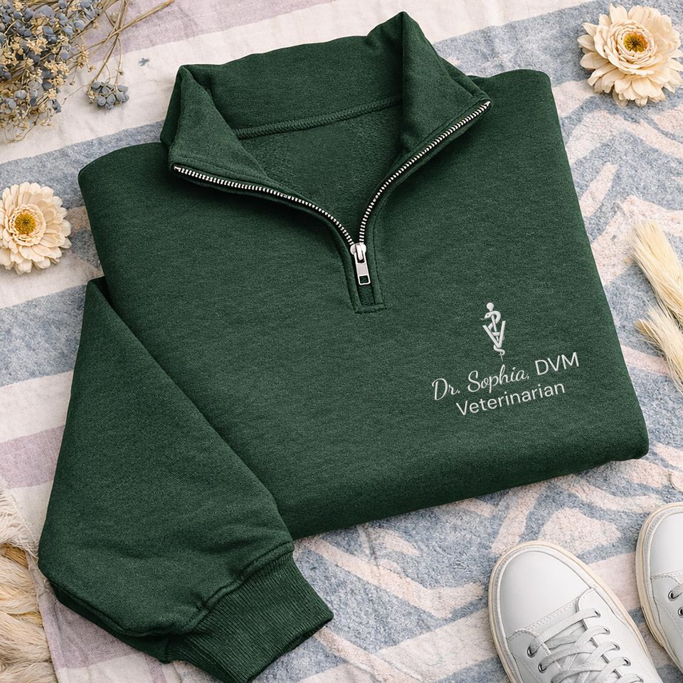 Veterinarian Embroidered Quarter Zip Sweatshirt, Personalized Vet Tech Pullover, Dog Cat Clinic Office Wear Gift, Graduation DVM LVT Dr Vet