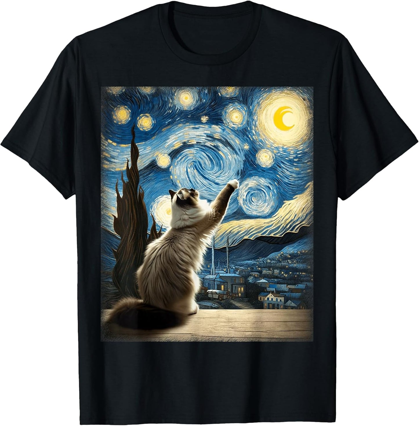 Van Gogh Starry Night Moon Artistic Pet Lover Ragdoll Cat T-Shirt