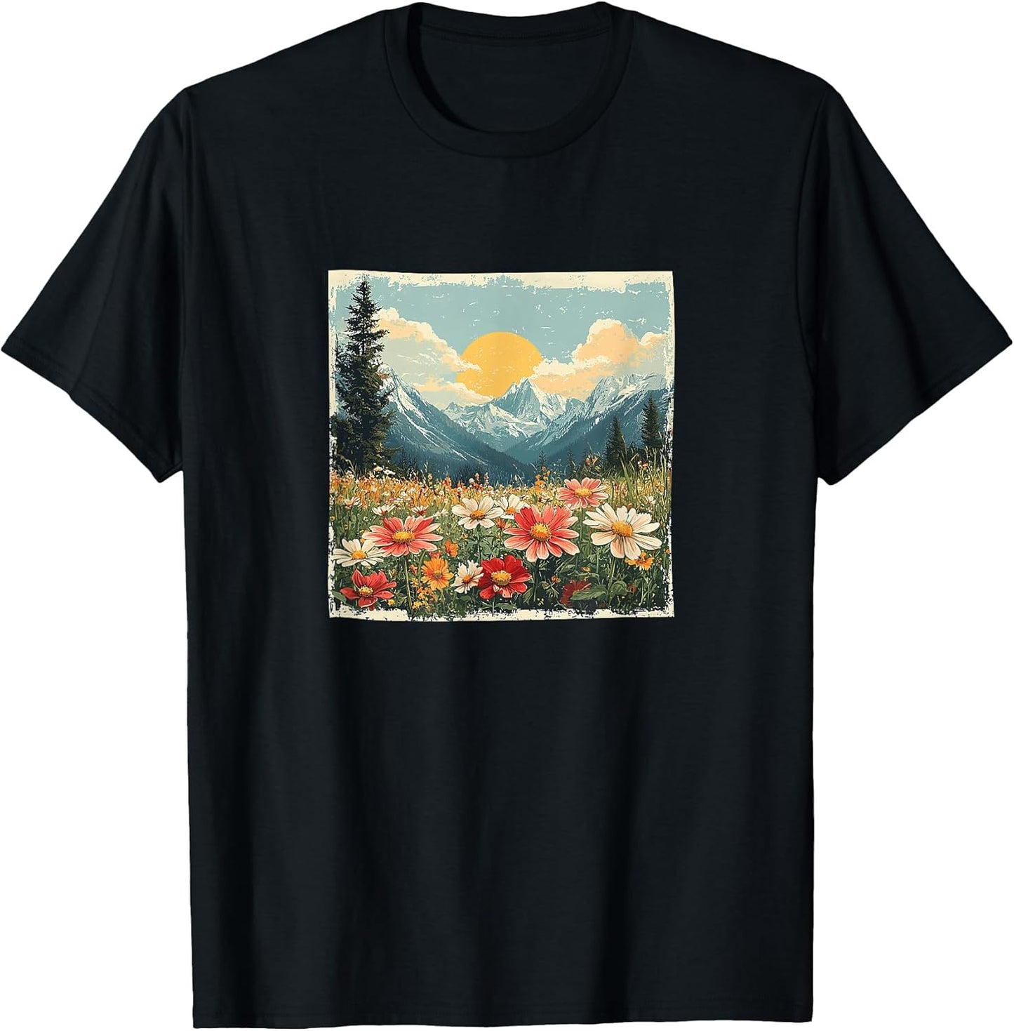 Mountain Meadow Flowers Vintage Landscape Merch
