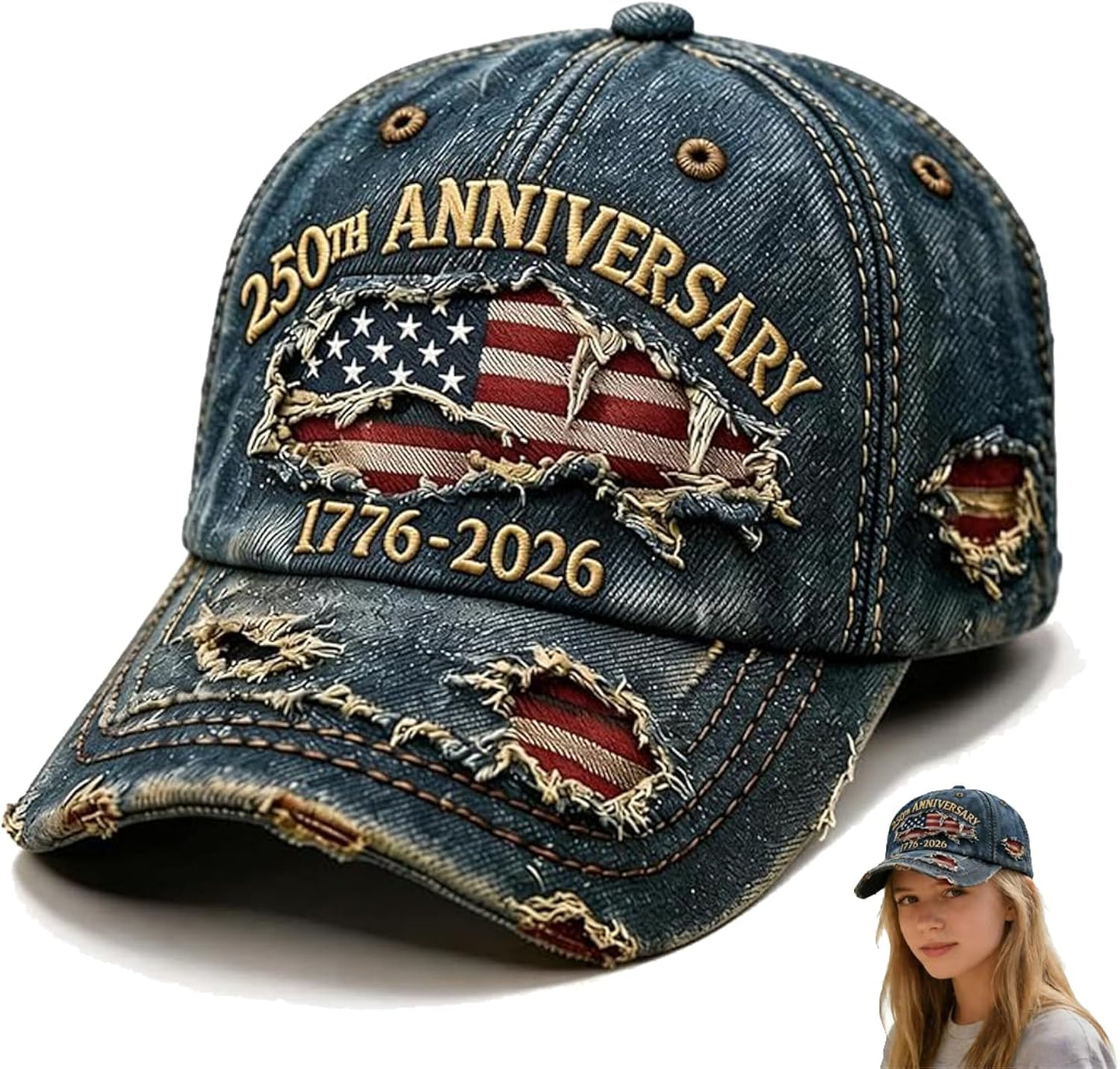 250 Anniversary USA Hat USA 250th Anniversary hat Adjustable Embroidered Ripped Denim Baseball Cap for Men Women