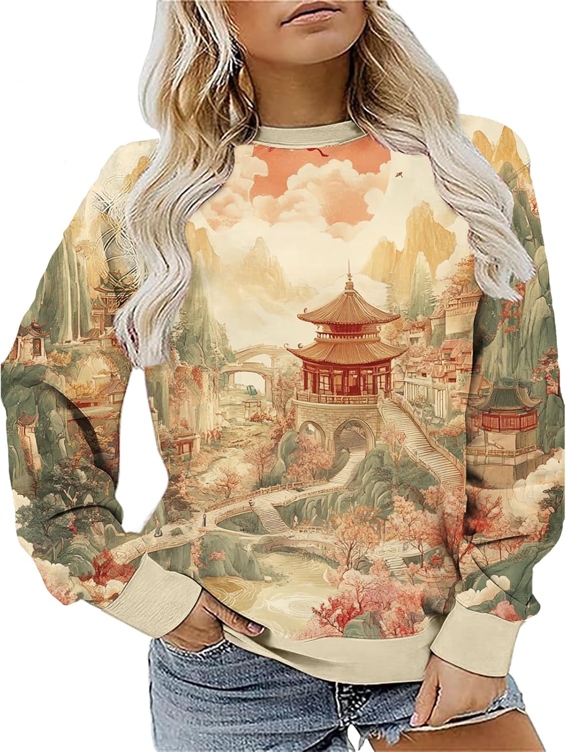 Fall Long Sleeve Shirts for Women Novelty Landscape Print Sweatshirts Loose Casual Lightweight Graphic Shirts