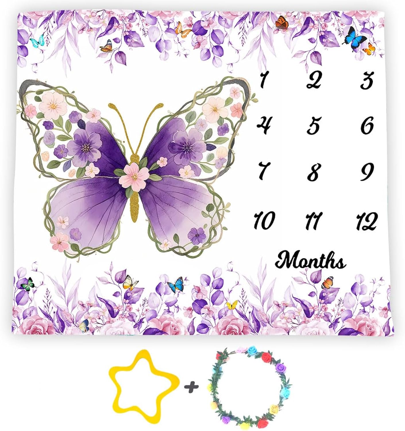 Butterfly Theme Baby Monthly Milestone Blanket 48x40in, Flower Purple Butterfly Spring Tropical Eucalyptus Leaves Watercolor Botanical Photography Prop Newborn Baby Shower Age Growth Tracker