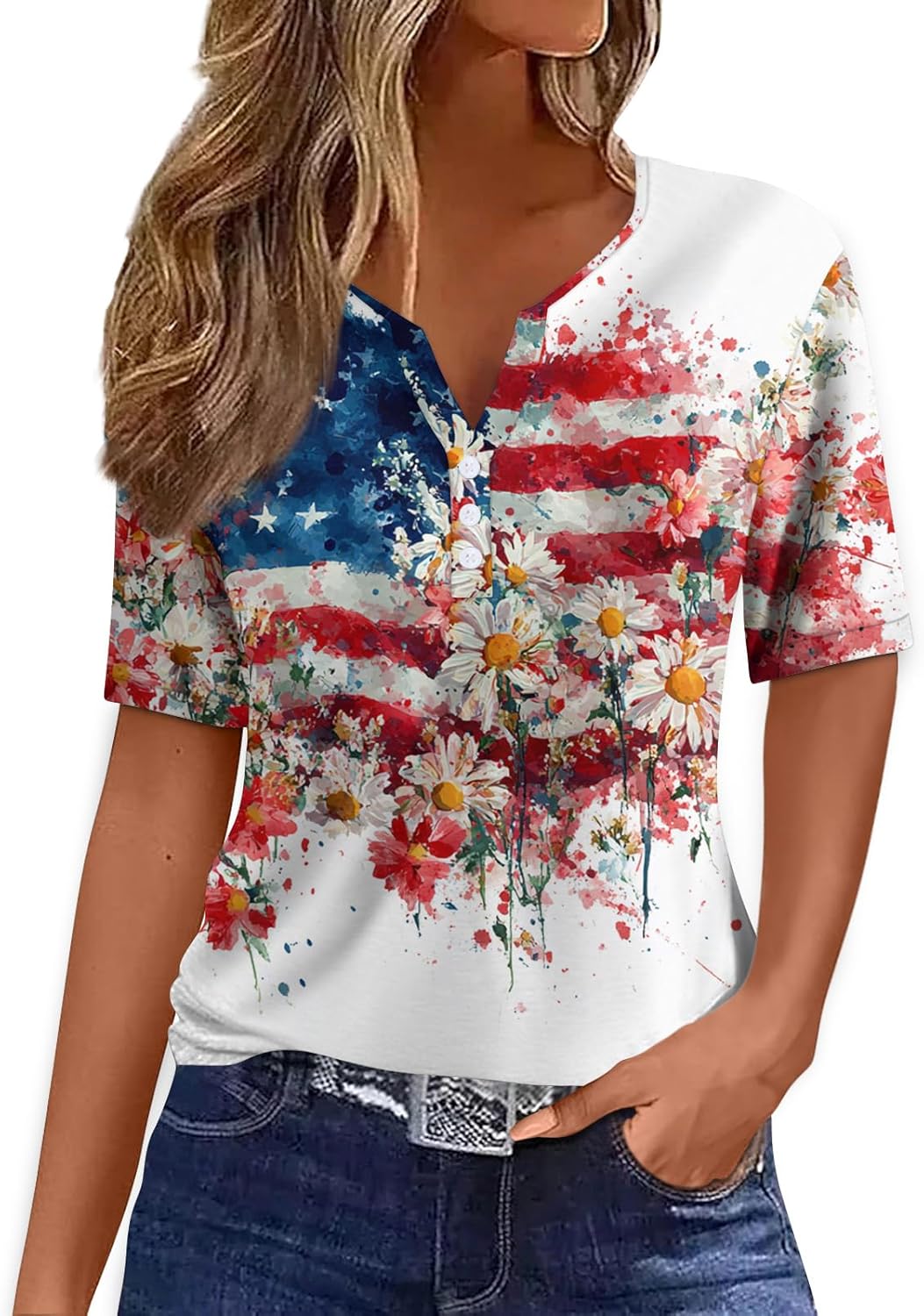4th of July Shirts Women Short Sleeve Button Henley V Neck Patriotic Tops American Flag Stars and Stripes Tee Tops