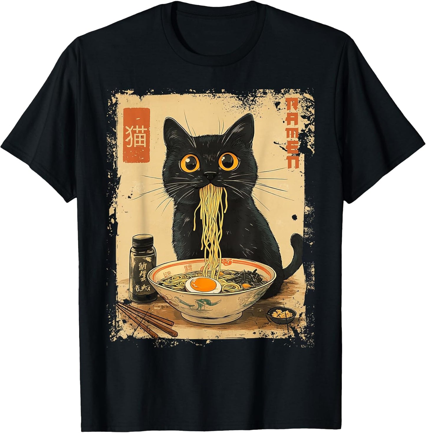 Cat Ramen Anime Kawaii Cat Eating Ramen Noodles T-Shirt, Unisex-Adults, Anime Fans, Girls, Young Females, Black, Small, Short Sleeve, T-Shirt