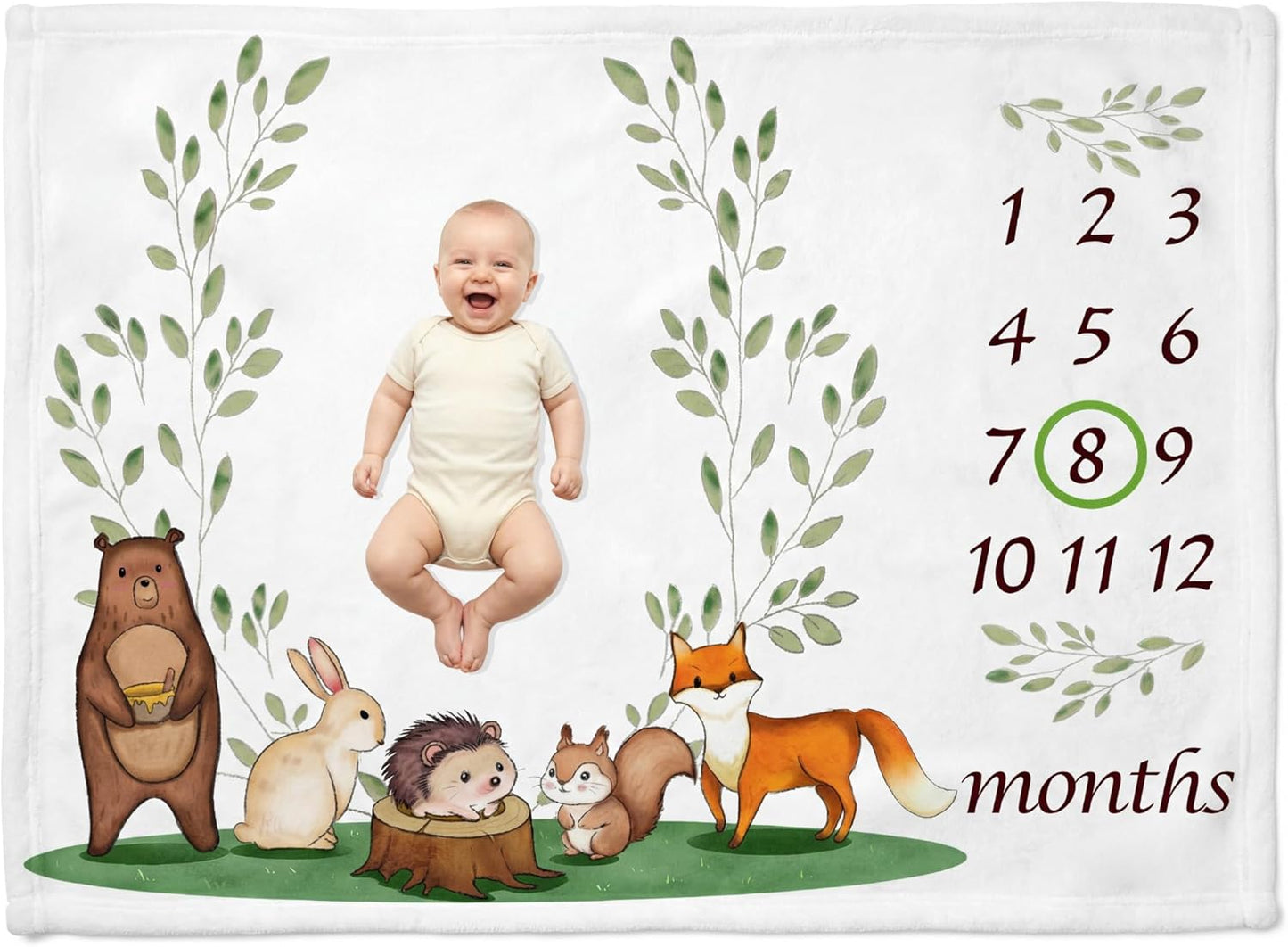 Baby Monthly Milestone Blanket, Soft Flannel Woodland Photo Backdrop with Wreath, 50" x 40", First Year Keepsake Gift
