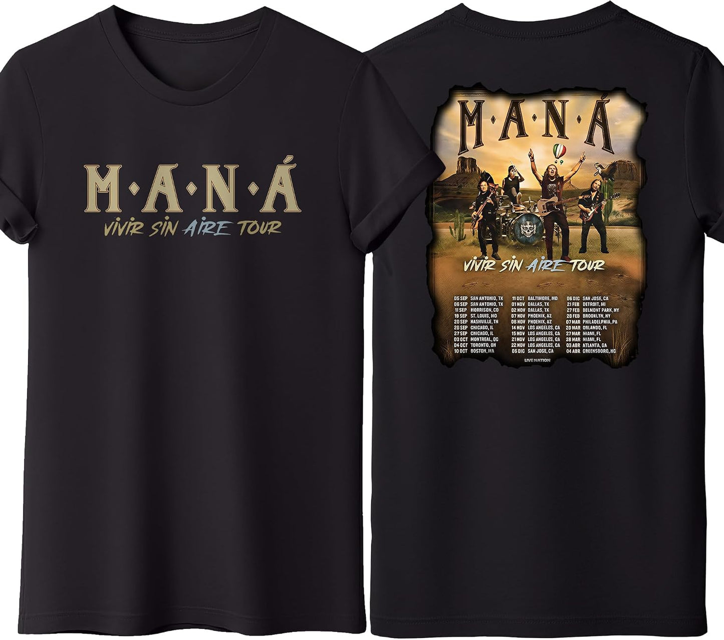 Mana Rock Band T Shirts, Latin Rock and Roll Tshirt, Vivir Sin Aire Tour Graphic Tee, Unisex Adult Size S – 2XL