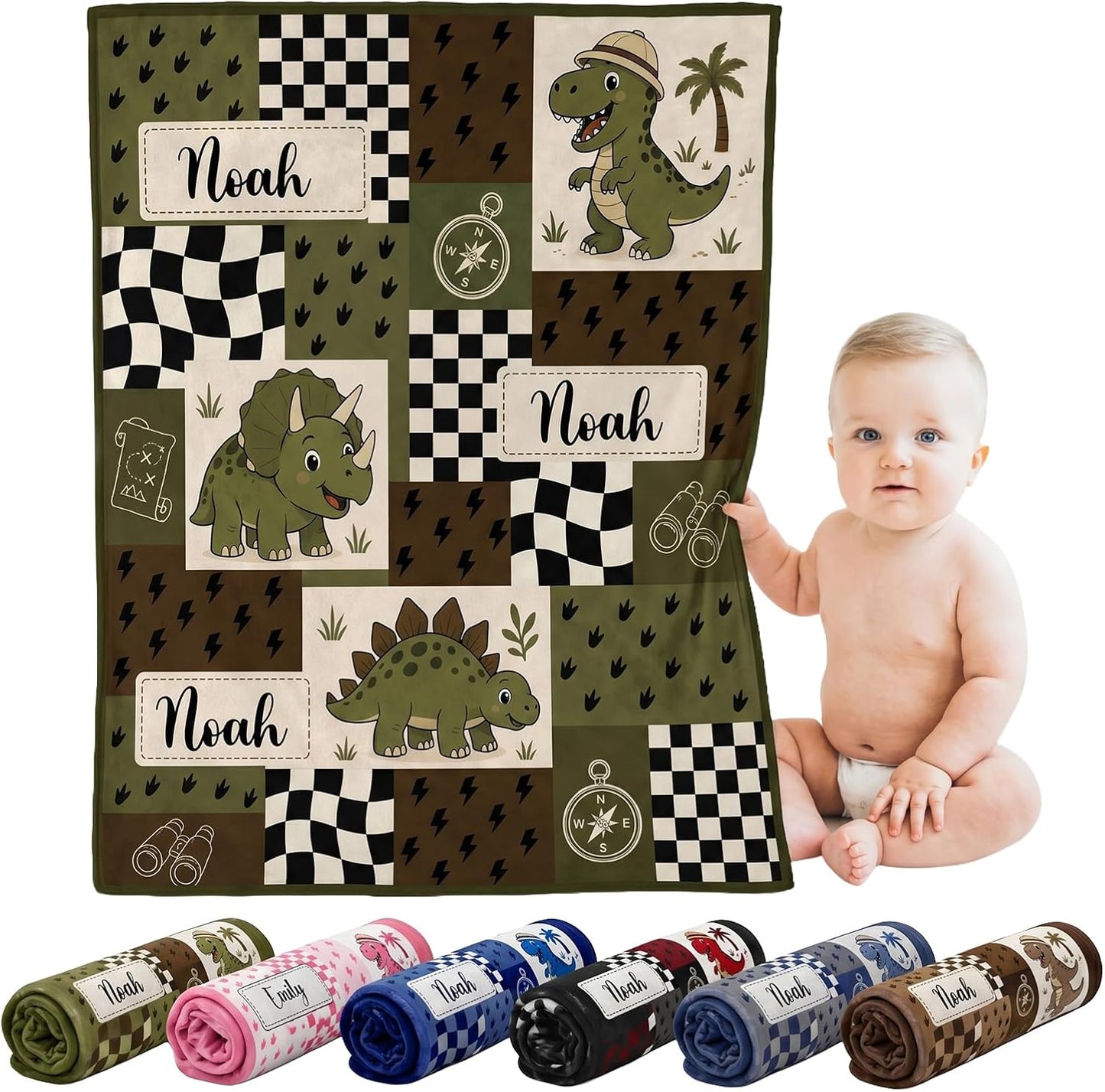 Personalized Baby Boy Blanket with Name, Custom Dinosaur Flannel Fleece Throw Blankets for Newborns & Toddlers, Safari T-Rex Nursery Decor, Unique for Boys