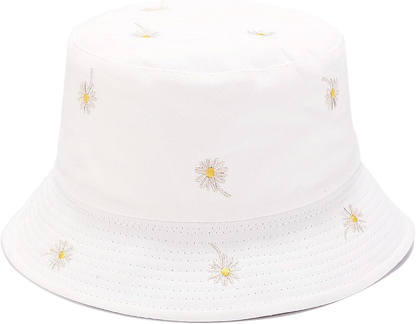 Reversible Embroidered Daisy Bucket Hat Packable Beach Sun Hat for Women Men