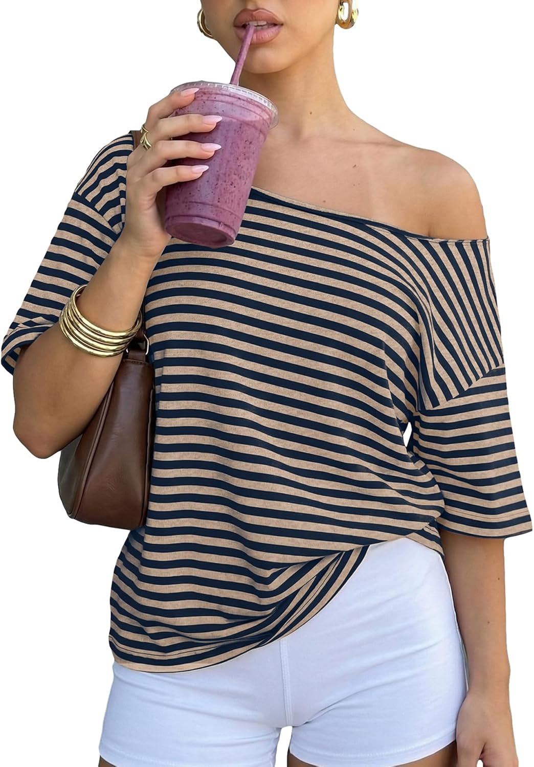 Women Oversized Off Shoulder Striped Tee Tops Y2K Aesthetic Clean Fit Short Sleeve Tshirt Pullover Preppy Going Out