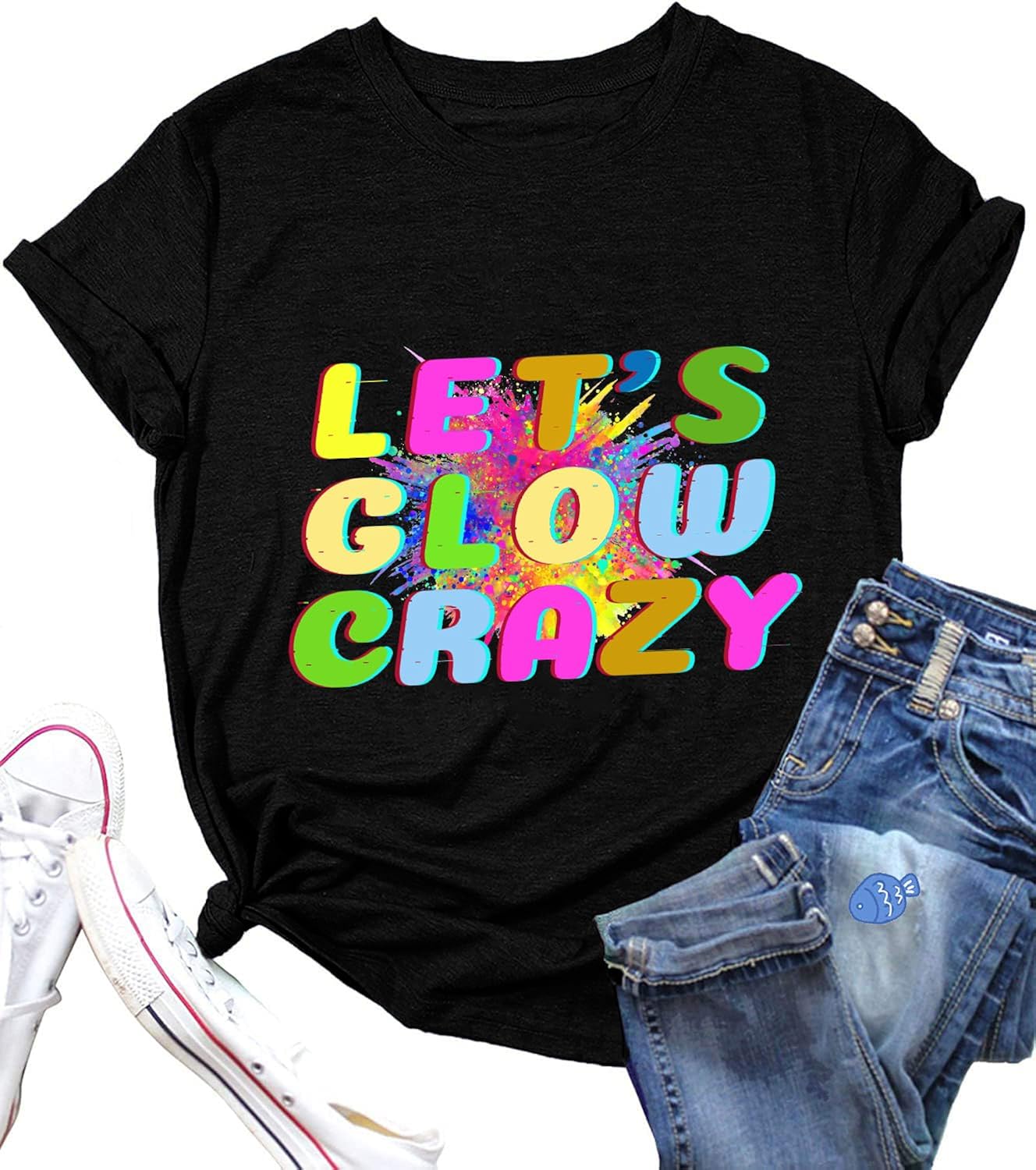 Let's Glow Crazy T-Shirt for Women 80 90's Vintage Shirt Graphic Top (Print Letters Don't Glow)