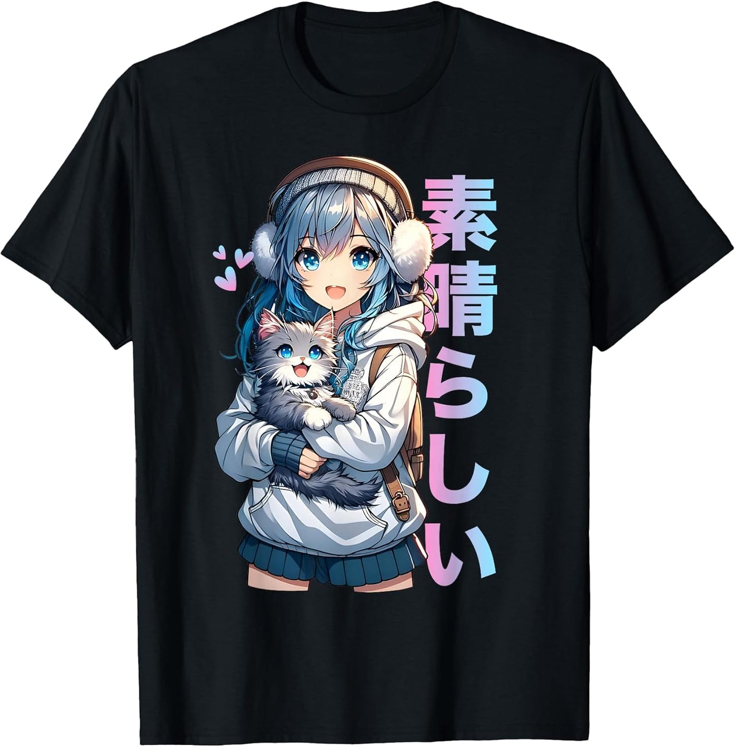 Cute Anime Girl with a Cat for Cat Lover Kawaii Otaku Manga T-Shirt