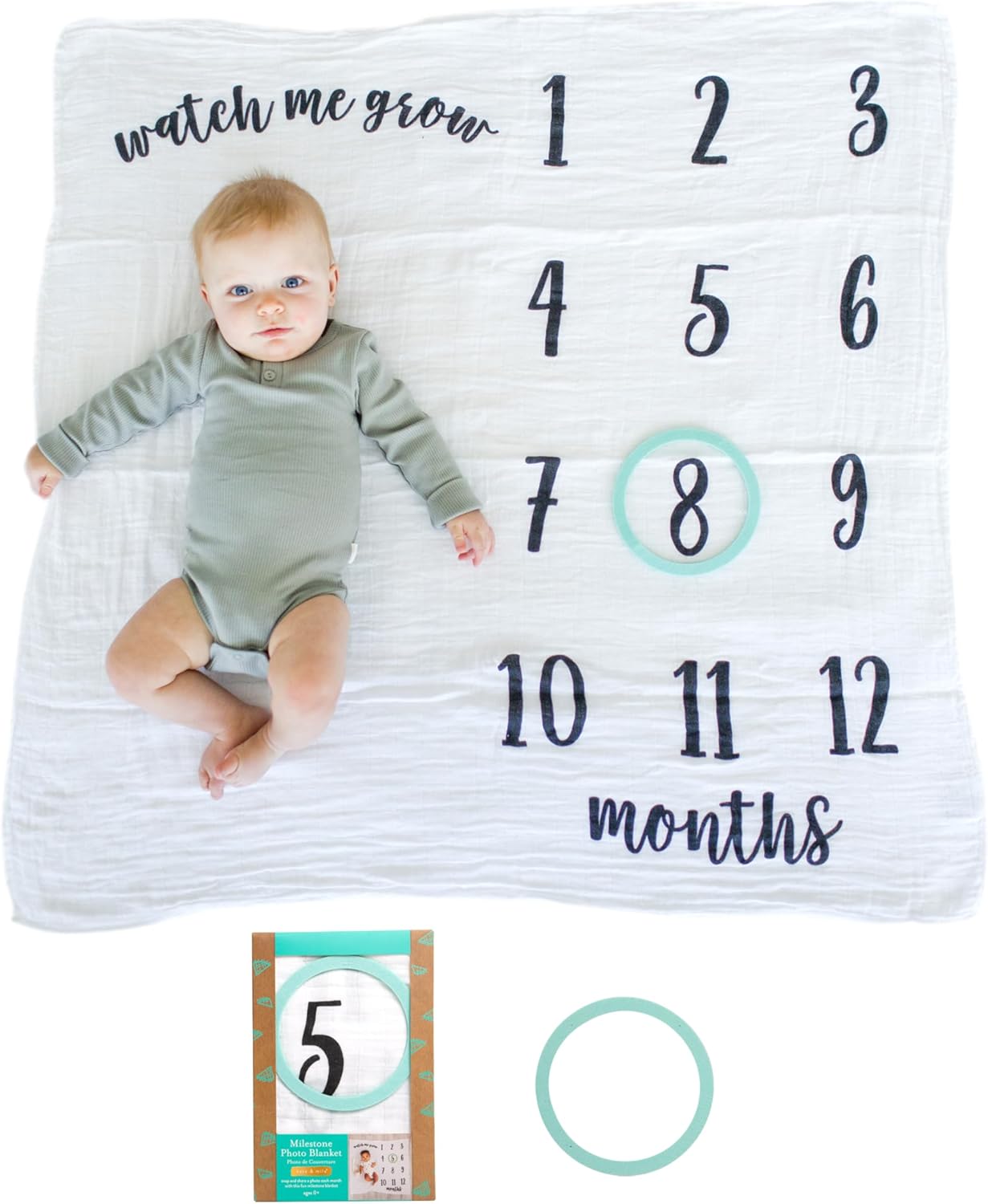 Kate & Milo Baby Milestone Blanket with Monthly Markers, Muslin Cotton Infant Photo Prop Blanket for Newborn Photos and First Year Milestones