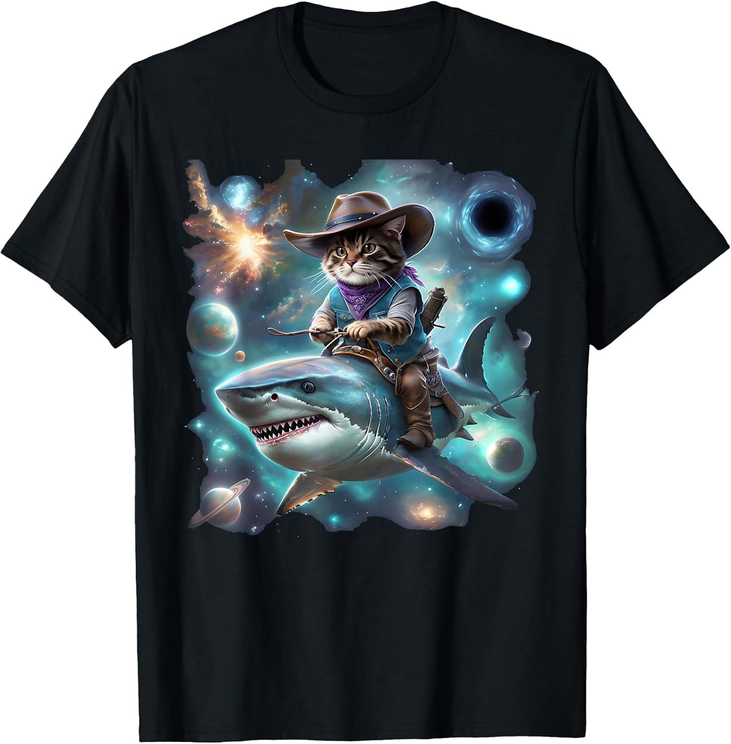 Cat Cowboy Riding a Shark in Rainbow Galaxy space
