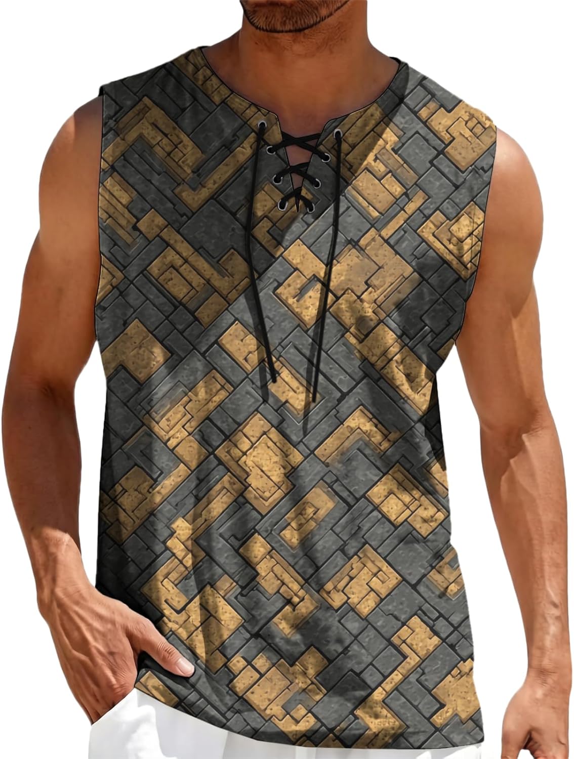 Mens Sleeveless Lace Up Shirts Summer Beach Vacation Breathable Lightweight Loose Fit Casual Hawaiian Tank Top