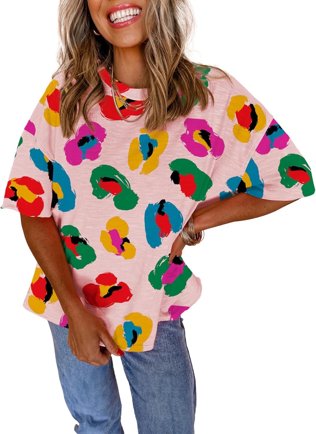 Women 2026 Abstract Print Blouses Casual Short Sleeve Crewneck Chic Boho Tops Loose Fit Flowy Tunic