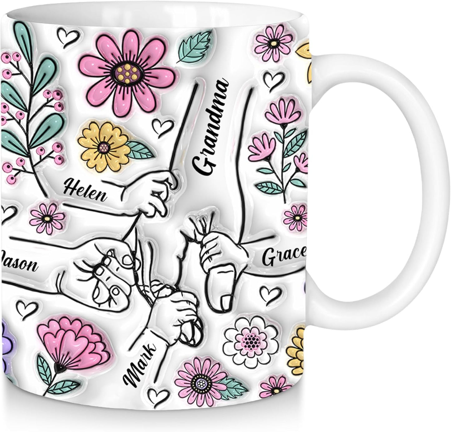 Custom Grandma Coffee Cup with Grandkids Name, Personalized Mom Mug with Names and Holding Kids Hands, Customized Mothers Day Coffee Mugs Birthday Gifts for Mom Grandma from Daughter Son Husband