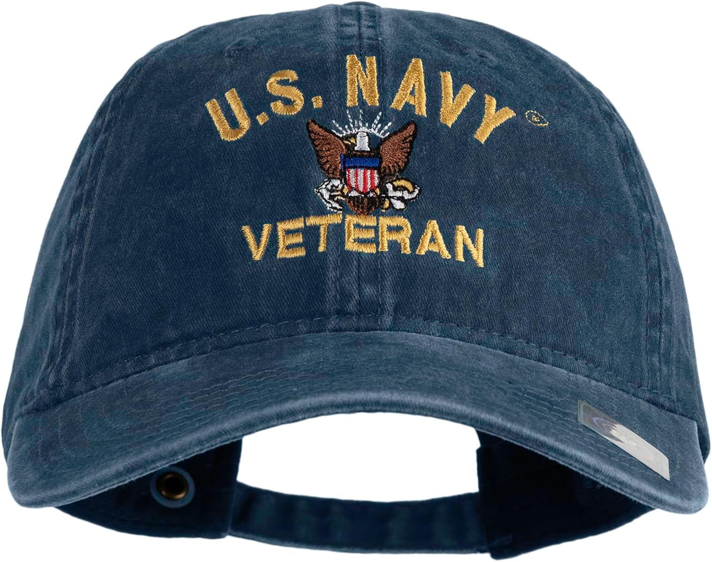 US Navy Veteran Military Embroidered Washed Solid Pigment Dyed Cotton Twill Brass Buckle Cap