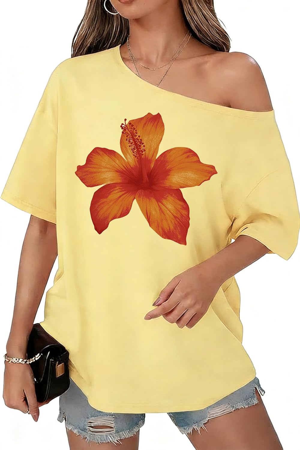 Off The Shoulder T Shirt for Women Oversized Graphic Tees Daisy Hibiscus Flower Shirt Aesthetic Tshirt Summer Tops