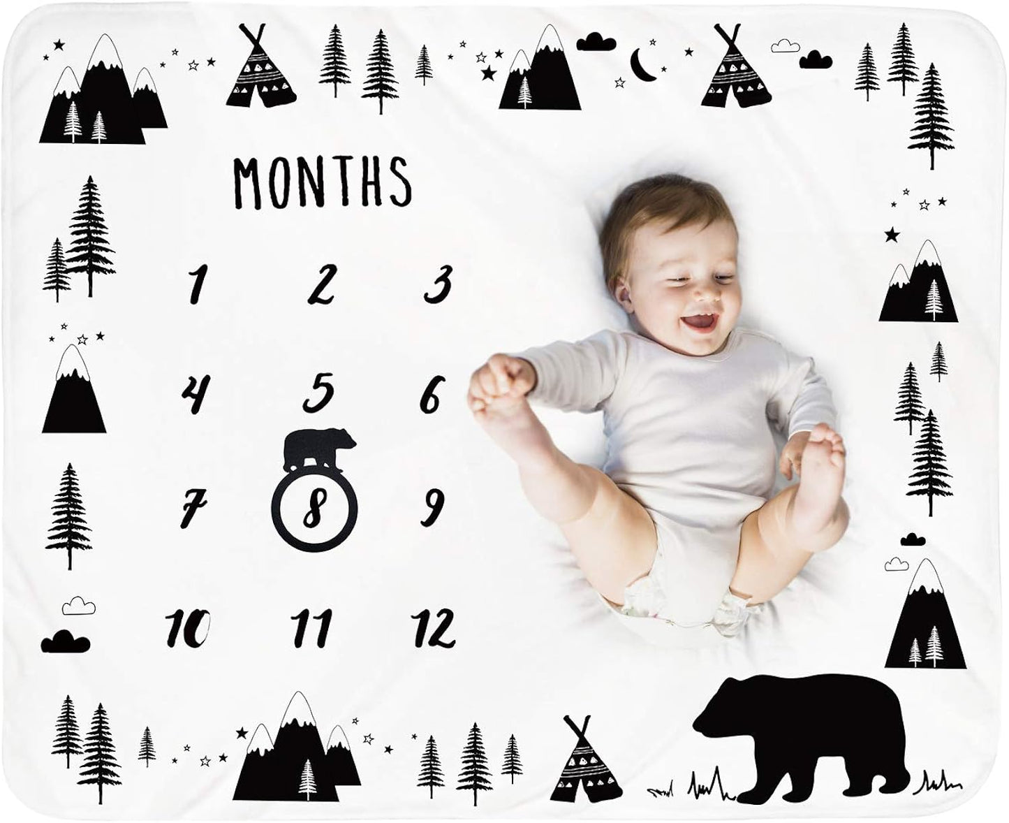 Tebaby Baby Monthly Milestone Blanket Boy - Bear Newborn Month Blanket Unisex Neutral Personalized Shower Gift Woodland Nursery Decor Photography Background Prop with Frame Large 51''x40''