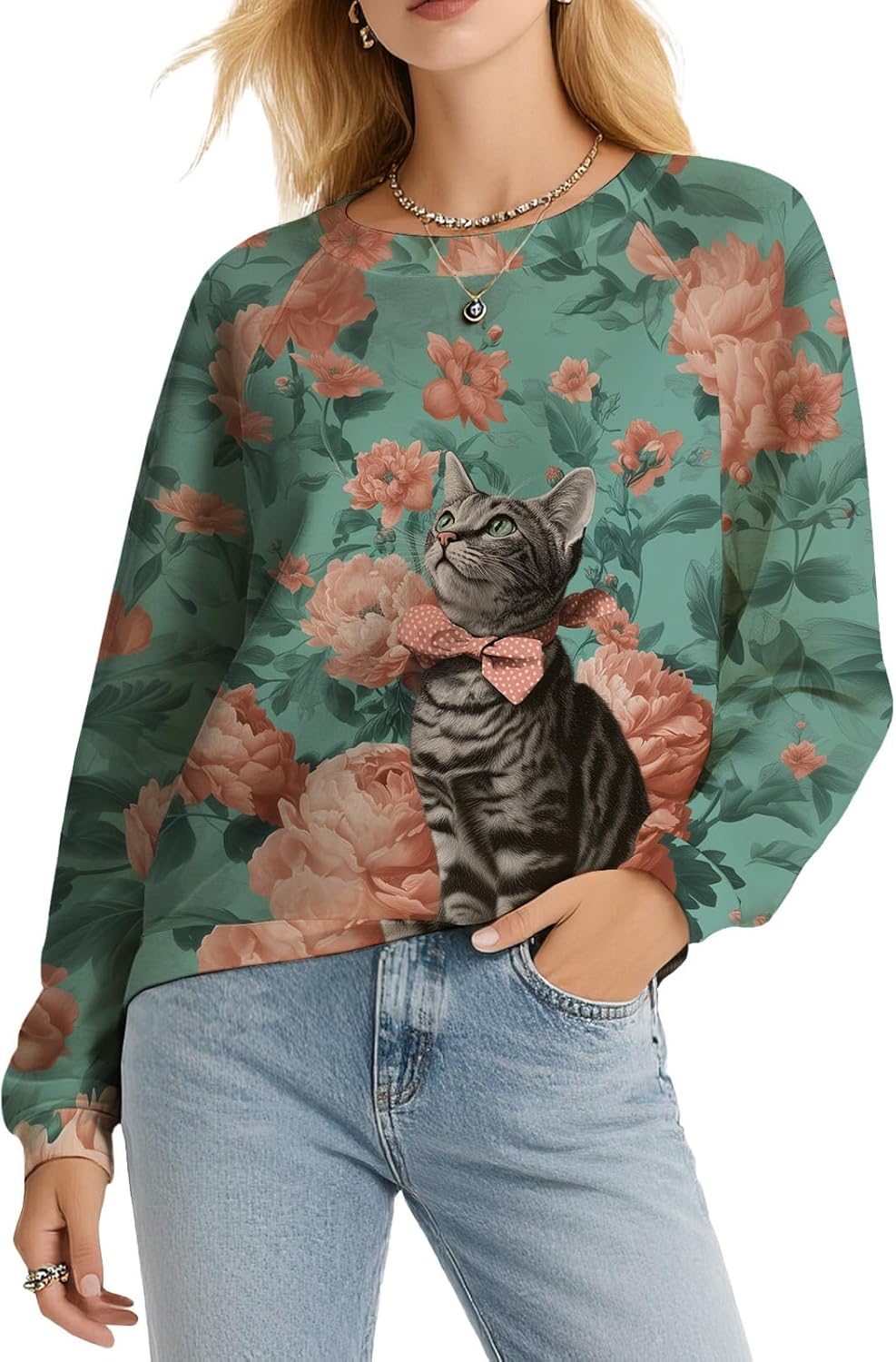 Womens Cat Graphic Sweatshirt Long Sleeve Terry Cloth Crewneck Pullover Top Casual Gift for Cat Lovers