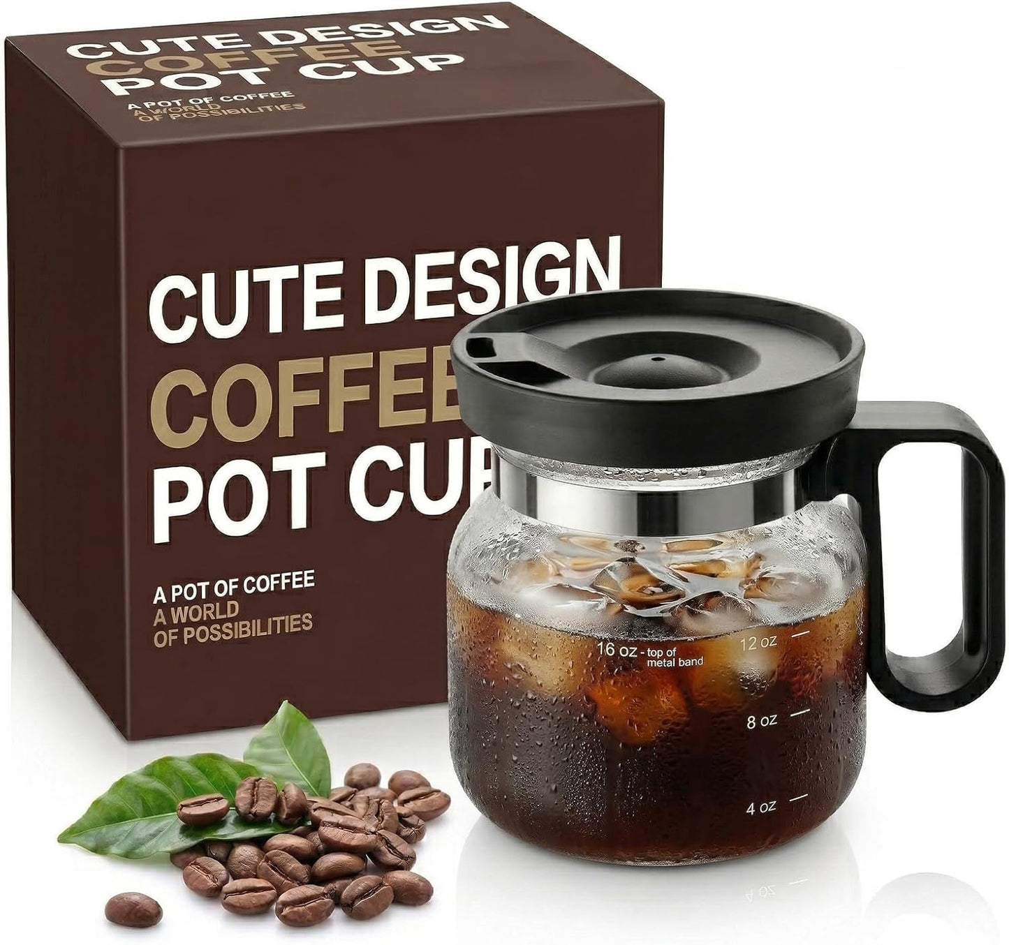 Unique Coffee Pot Mug 16oz with Lid, Glass Coffee Cup Gift for Coffee Lovers, Cute Pour Over Style Mug for Home & Office, Birthday & Holiday Gift