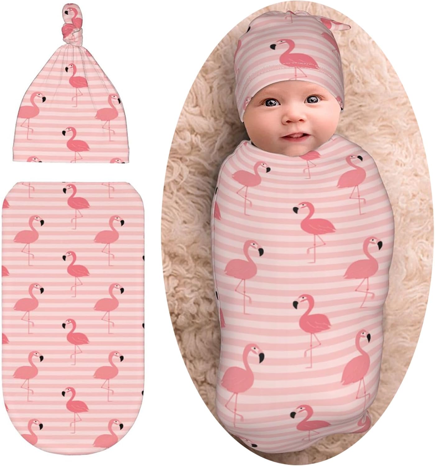 Flamingo Newborn Swaddle Blanket for baby,Unisex Baby Stuff,Soft for Boys Girls, with Beanie hat Set, Baby Swaddle Wrap for Baby Shower Infant