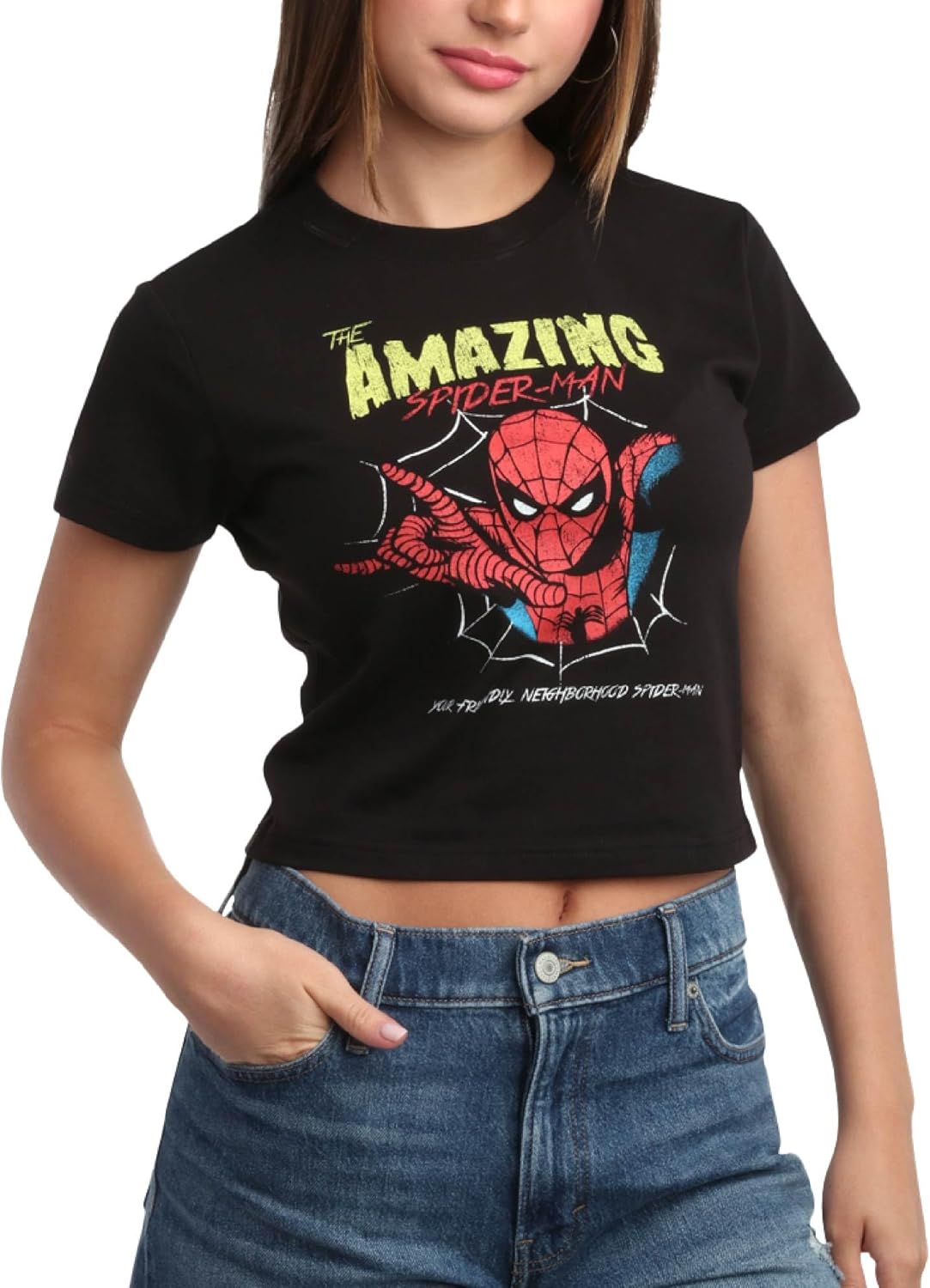Spider-Man Womens Graphic Tees - Cropped Baby Tee Tank Top & Full Length Crewneck Graphic Shirts Size Up for Ideal Fit