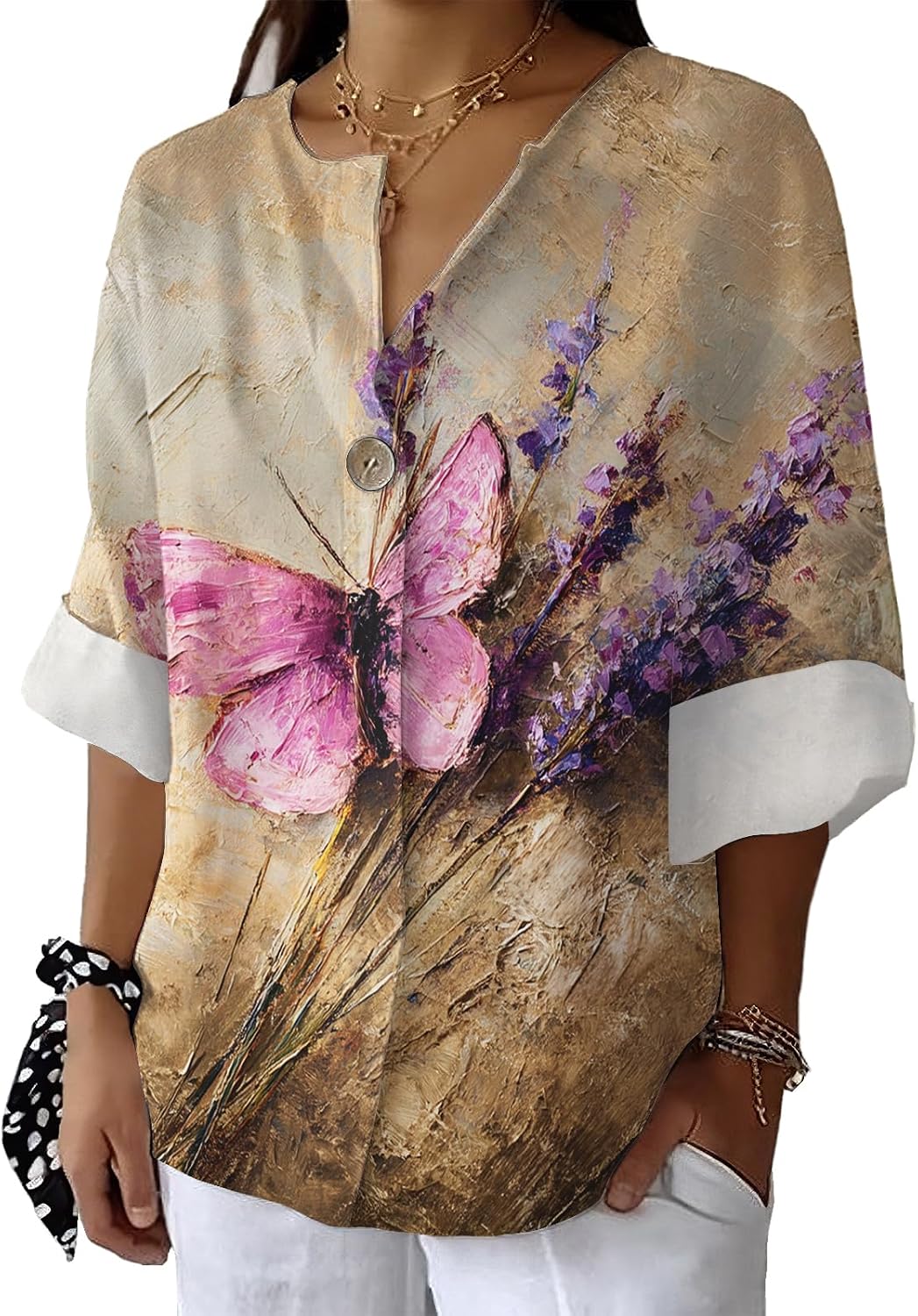 Women's V Neck Butterfly Printed Shirts Summer Rolled Up Sleeve Trendy Top Ladies Oversized Lightweight Outfits