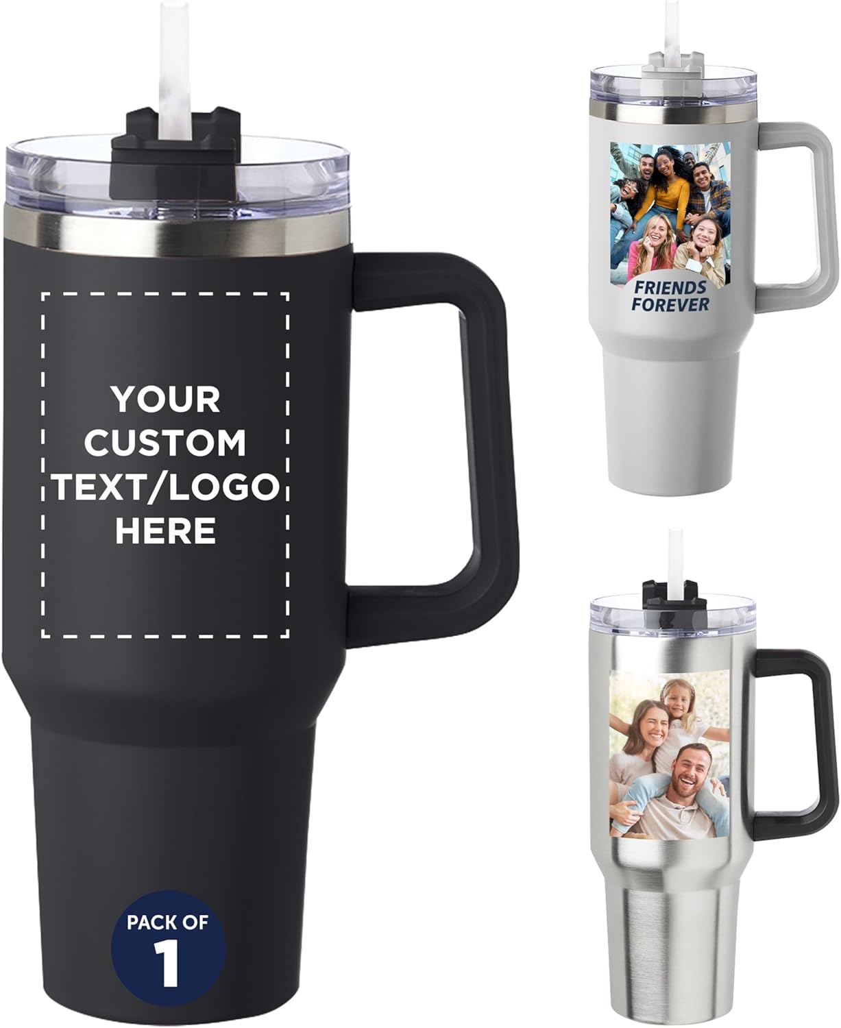 DISCOUNT PROMOS Custom 40 oz Alps Stainless Steel Travel Mugs with Handle - Set of 1 Personalized Tumbler, Ideal for Outdoor Adventures & Daily Commute, Great for Water or Coffee - Black