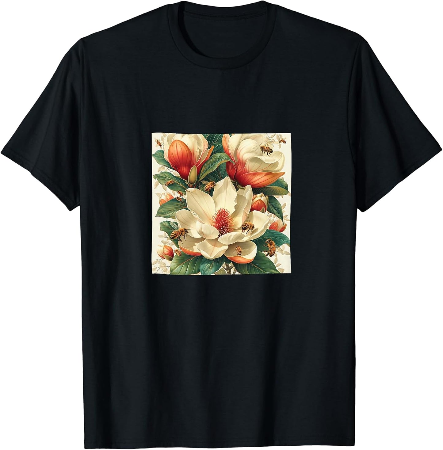 Magnolia Flower Blooming With Bees Around Merch